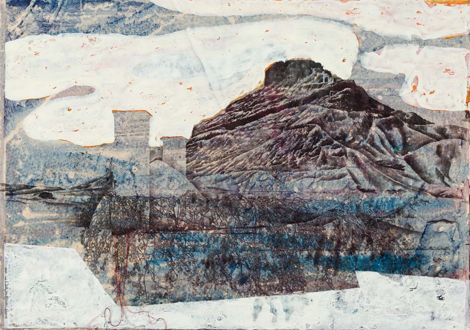 Pooneh Oshidari , Home-Land series, The silent tower, Relief ink, pencil and fabric on oil-painting paper. 70 x 100 cm