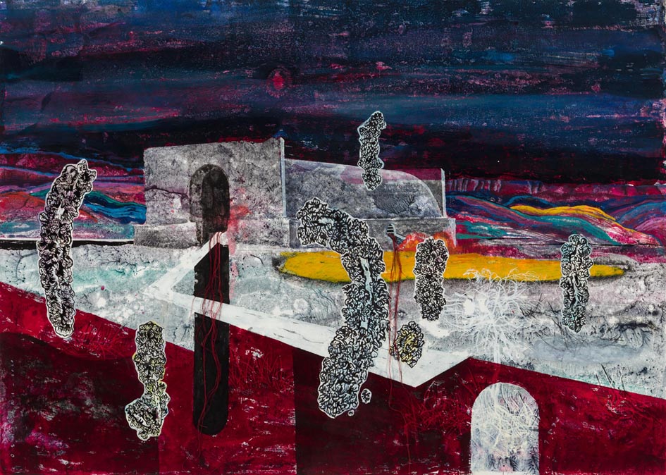 Pooneh Oshidari , Home-Land series, The island with an empty heart, Qeshm, 2020. Relief ink, oil and fabric on oil-painting paper. 72 x 100 cm