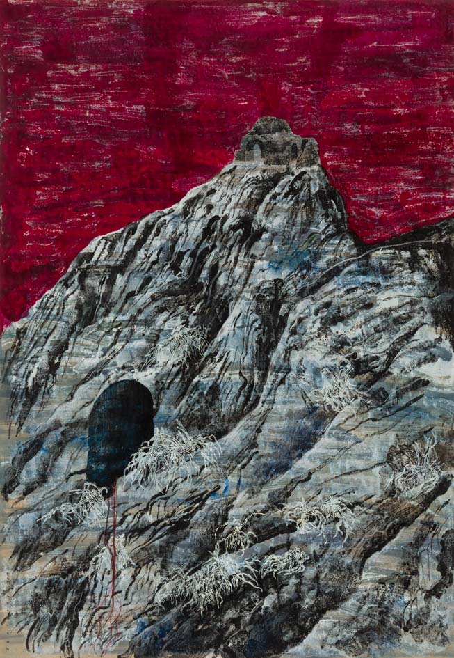 Pooneh Oshidari , Home-Land series, Siahgel fire temple, ink, pencil and fabric on paper. 99 x 69 cm