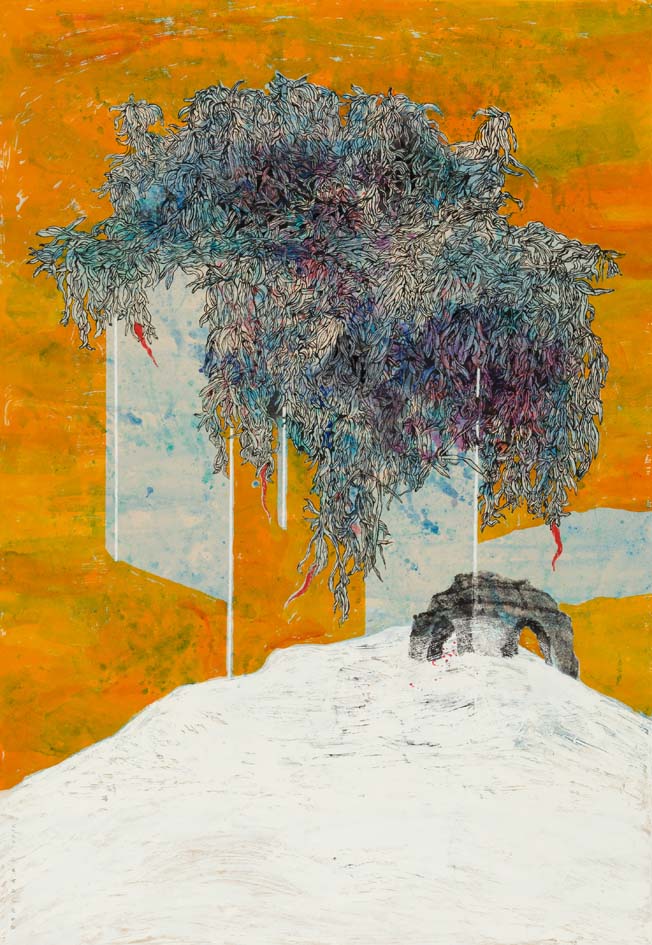 Pooneh Oshidari , Home-Land series, The Fire Priest, Relief ink and oil on oil-painting paper.. 100 x 69 cm