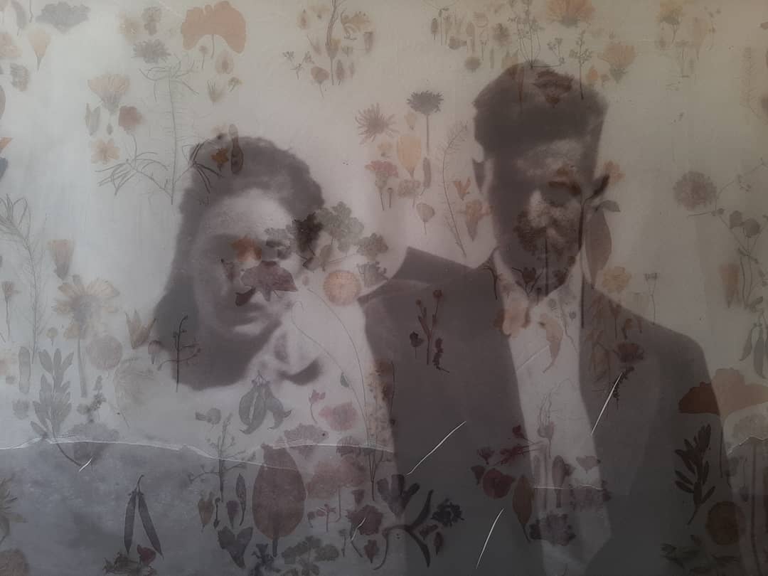 Pooneh Oshidari , Bahman and Shirin, detail of work, 2021, 150 x 250 x 7 cm, dried flowers and fabric on canvas, Bavan gallery, Tehran