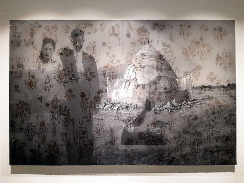 Pooneh Oshidari , Bahman and Shirin, 2021, 150 x 250 x 7 cm, dried flowers and fabric on canvas, Bavan gallery, Tehran