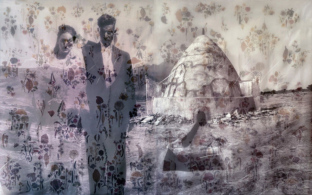 Pooneh Oshidari , Bahman and Shirin, 2021, 150 x 250 x 7 cm, dried flowers and fabric on canvas, Bavan gallery, Tehran