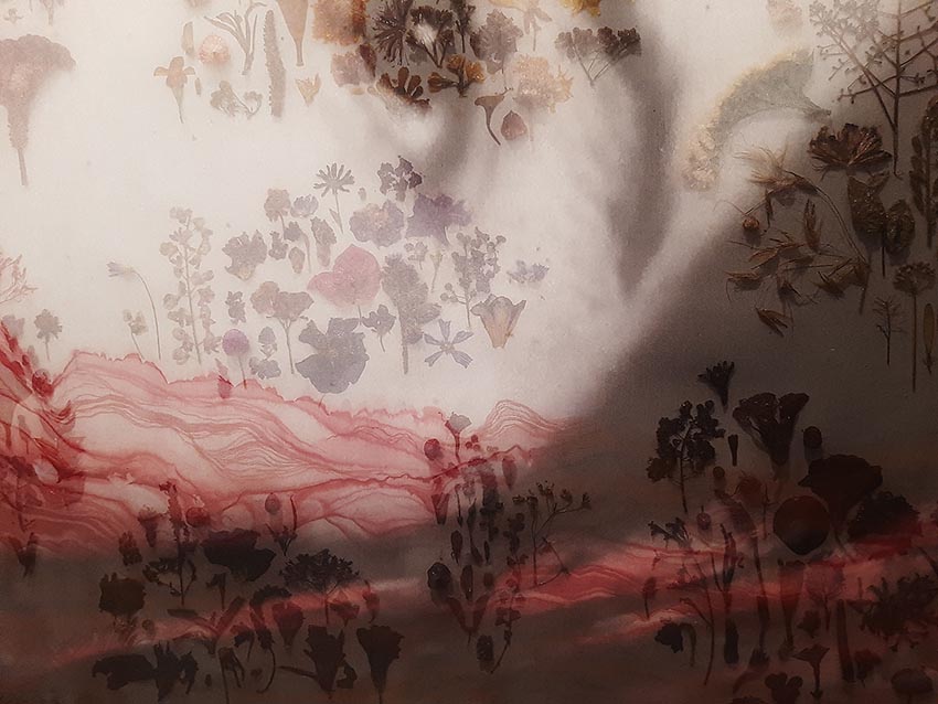 Pooneh Oshidari , Detail of work, Mom, 2023, Dried plants, ink and fabric on canvas, 150 x 250 x 7 cm, Bavan Gallery, Tehran